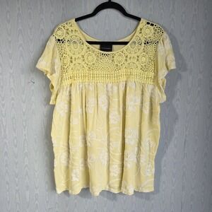 Liv Los Angeles Peasant Top 1X Crochet Embroidered Butter Yellow Cottage Boho‎